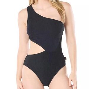 MICHAEL Michael Kors Women's One Shoulder Black Side Cutout One Piece Swimsuit